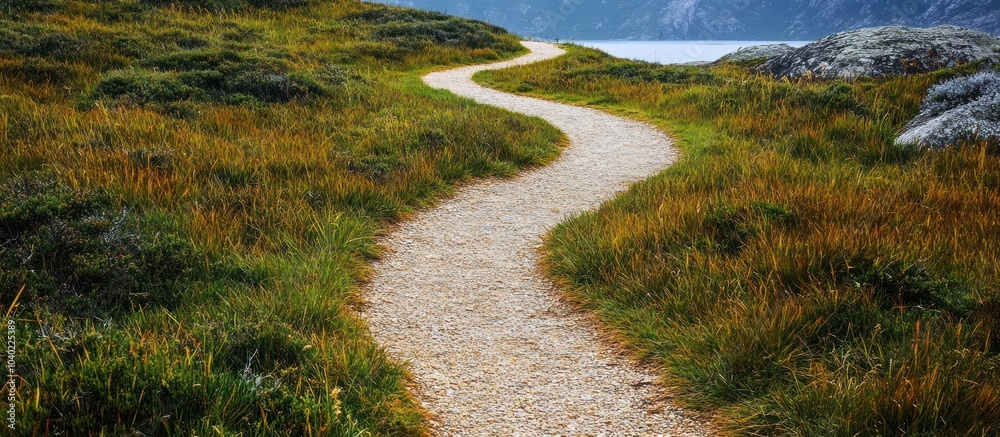 A winding gravel path through a lush grassy field, leading towards a distant lake. A winding gravel path through a lush grassy field, leading towards a distant lake.