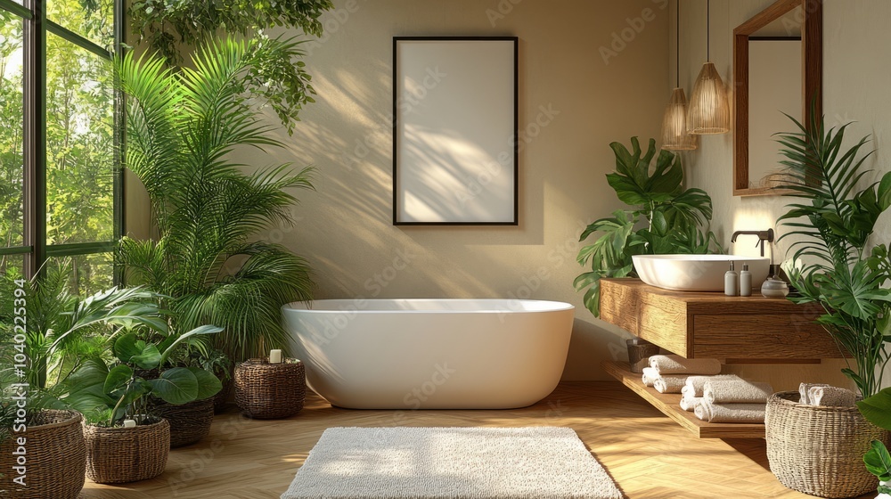 A serene bathroom with a freestanding tub, greenery, and natural light for relaxation. A serene bathroom with a freestanding tub, greenery, and natural light for relaxation.