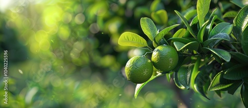 Lush tree bearing a vibrant young lime with abundant leaves in the backdrop ideal for a copy space image