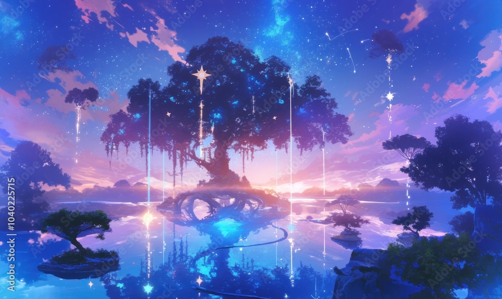 Obraz premium Enchanted Tree at Twilight with Celestial Reflections