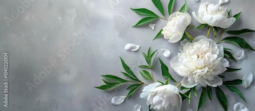 Soft white peony flowers with leaves on gray table background ideal for displaying text with a sentimental touch Copy space image with top view #1040226104