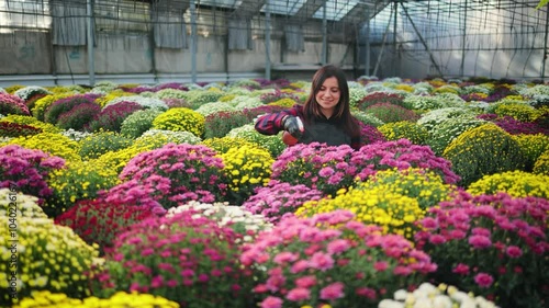 Smiling attractive woman, female gardener with a spray bottle, spraying water on colorful blooming chrysanthemums on a rack in the greenhouse