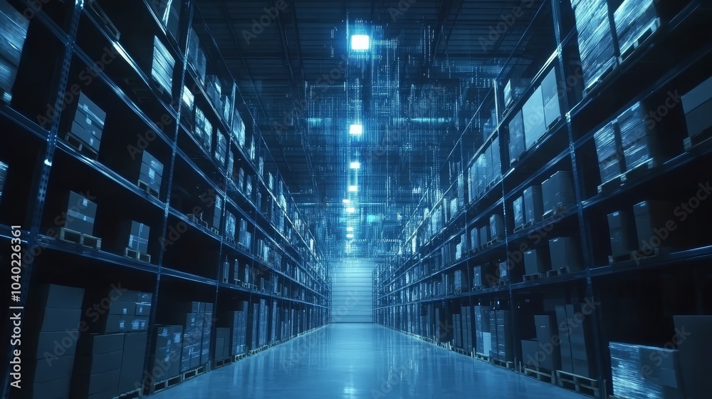 The concept of modern logistics. Futuristic warehouse technology Digitalization and visualization of the process The concept of modern logistics. Futuristic warehouse technology Digitalization and visualization of the process
