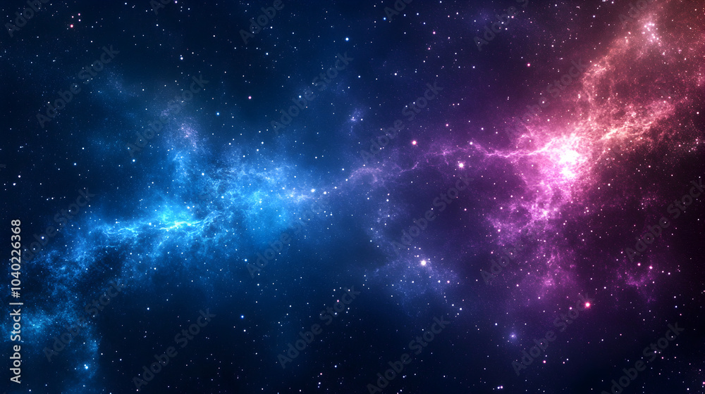 Naklejka premium A vibrant cosmic nebula displaying swirling hues of blue and purple in the vastness of outer space illuminated by distant stars