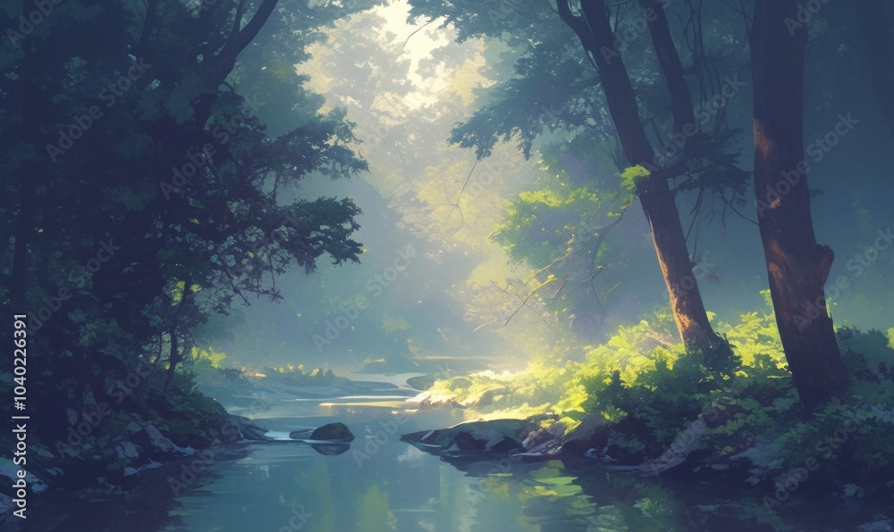 Obraz premium Tranquil Forest Stream in Morning Light