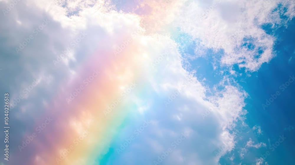 Serene sky with soft clouds and gentle rainbow hues Serene sky with soft clouds and gentle rainbow hues