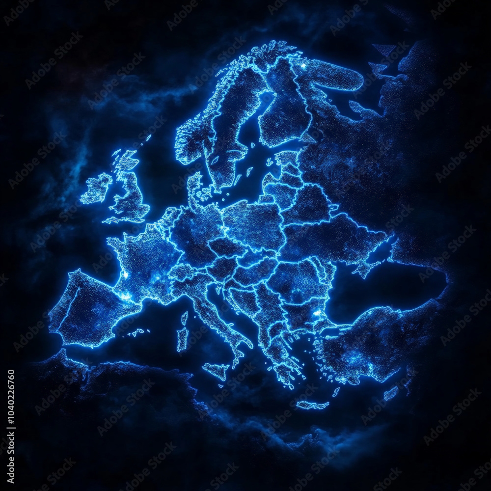 Obraz premium A dark luminescent map of Europe, showing borders