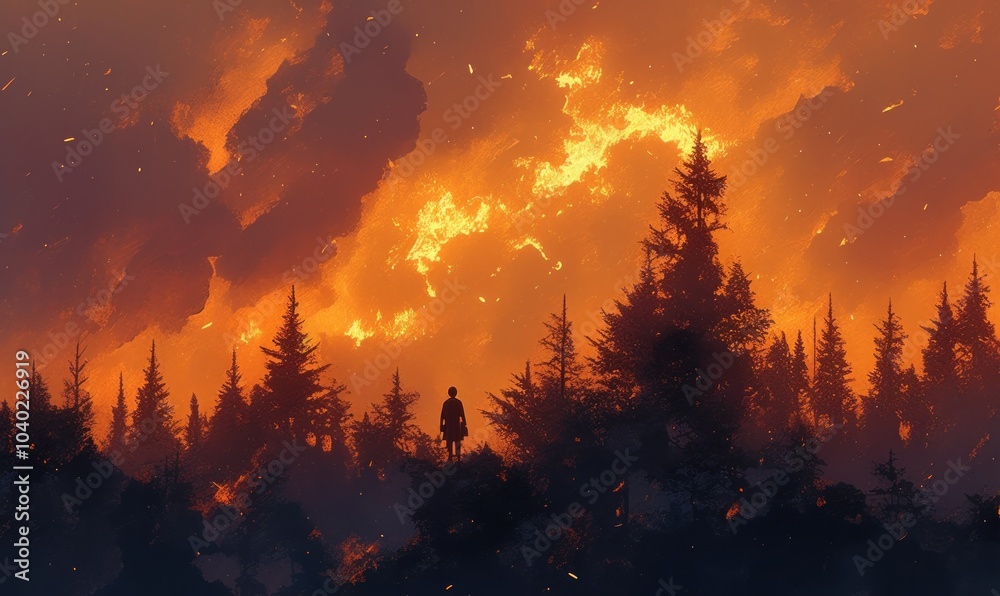 Fototapeta premium Surreal Forest Fire with Silhouette Figure