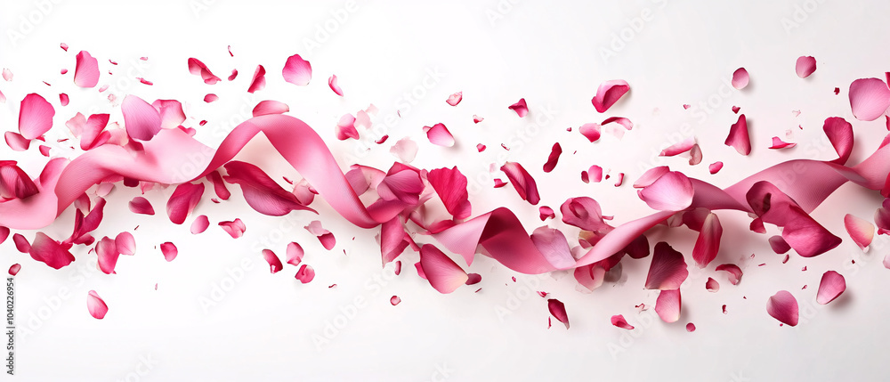 Pink Ribbon and Rose Petals on a White Background Pink Ribbon and Rose Petals on a White Background