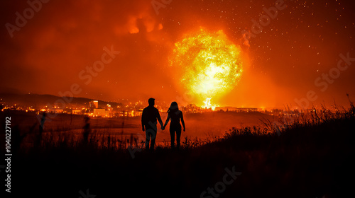 A silhouette of a man and a woman holding hands in the night, in the distance the city is illuminated by a fiery explosion depicting a nuclear detonation, casting a surreal glow on the scene.