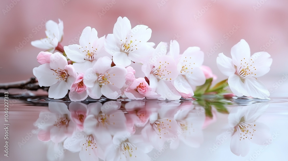 Delicate cherry blossoms floating on water with a soft pink background creating a tranquil scene Delicate cherry blossoms floating on water with a soft pink background creating a tranquil scene