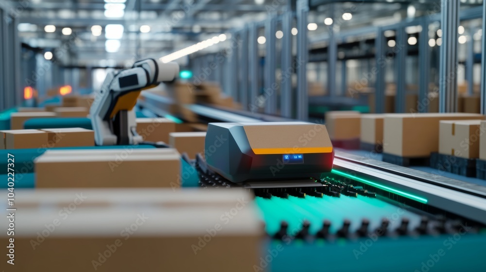 A robot performing automated sorting in a clean, high-tech parcel sorting center with organized sorting stations and advanced sorting machinery, Parcel sorting tech style
