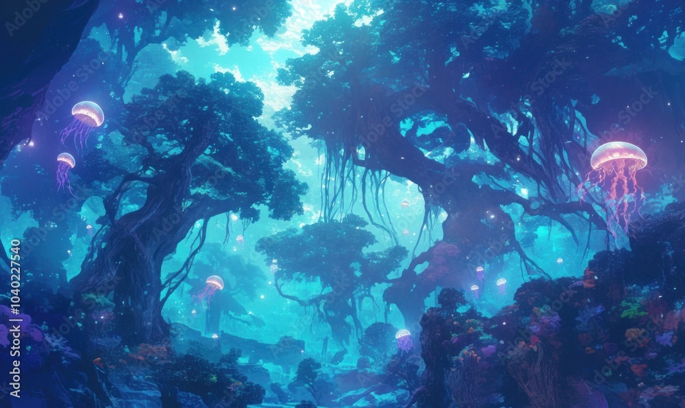 Fototapeta premium Enchanted Forest with Floating Luminescent Jellyfish
