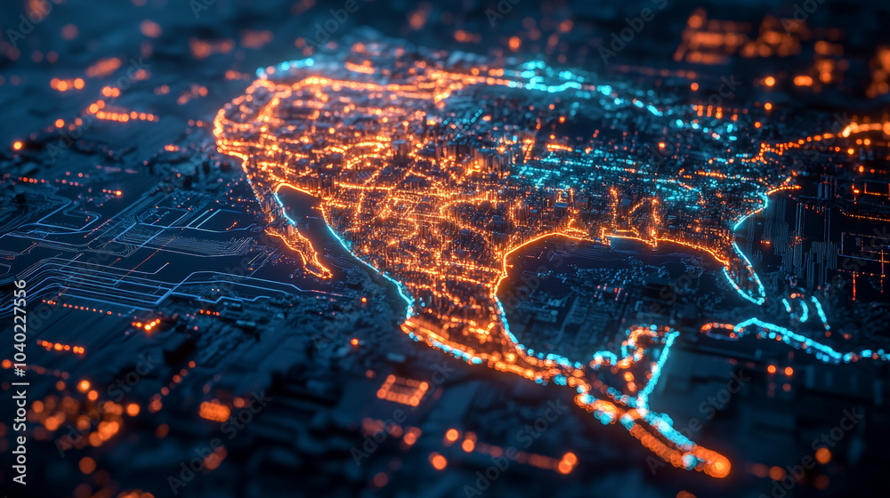 A highly detailed, realistic photo of a map of Mexico integrated into a glowing printed circuit board A highly detailed, realistic photo of a map of Mexico integrated into a glowing printed circuit board
