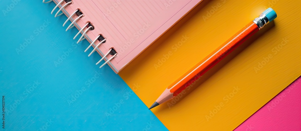 Top down view of a pencil and notebook on a colorful background with ample copy space image Top down view of a pencil and notebook on a colorful background with ample copy space image