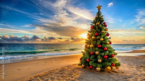 Christmas tree decorated with ornaments on sandy beach at sunset photo