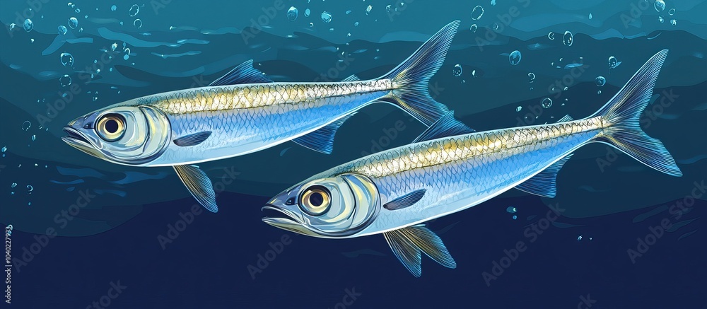 Fototapeta premium Sardine fish swimming underwater in sea or ocean, marine life and aquatic ecosystems, tropical wildlife food with a deep blue nautical background