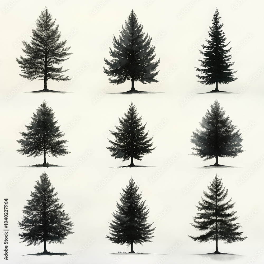 Obraz premium A set of black and gray tree silhouettes on a white background
