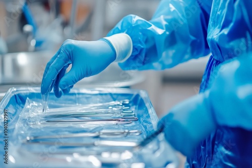 A surgeon in blue scrubs is meticulously organizing a full set of sterile surgical instruments, showcasing intense focus and precision in a bright operating room.