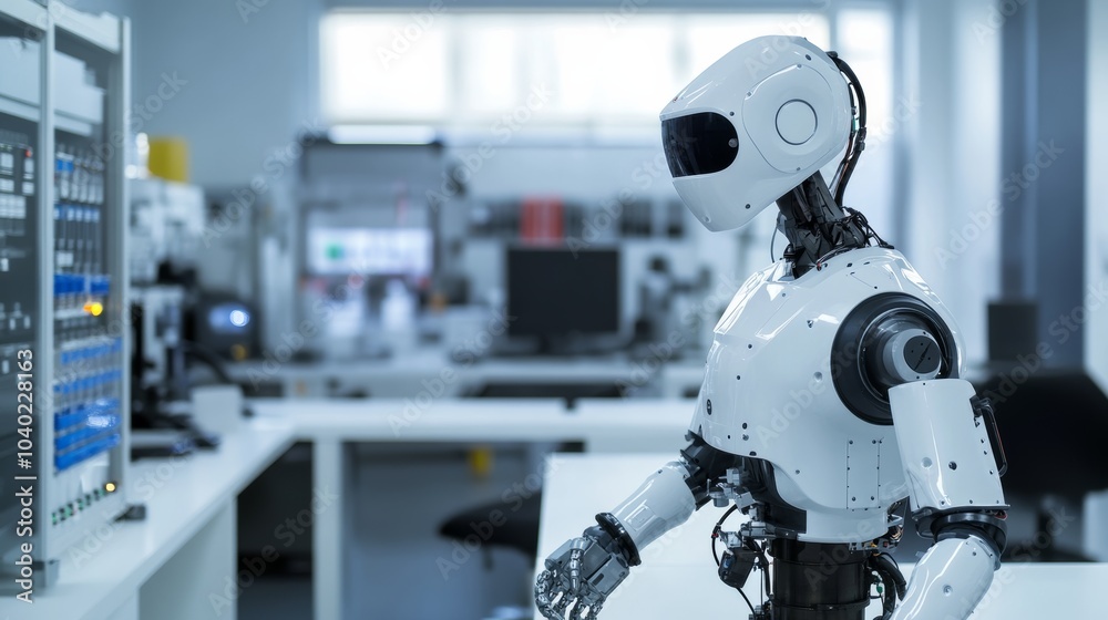 A robot performing automated temperature control in a modern climate control lab with clean, organized control stations and advanced temperature regulation systems, Temperature control tech style