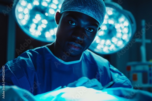 A young surgeon in blue scrubs concentrates under bright surgical lights while performing a procedure, highlighting dedication and focus in a modern operating room. photo