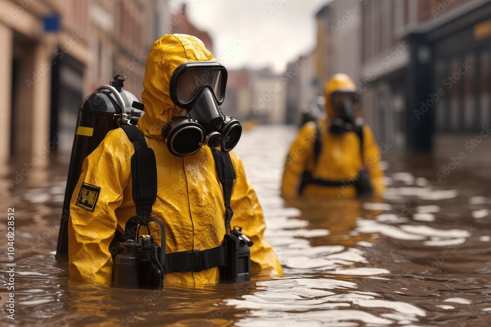 Obraz premium Rescue workers in yellow suits navigating through a flooded urban area.