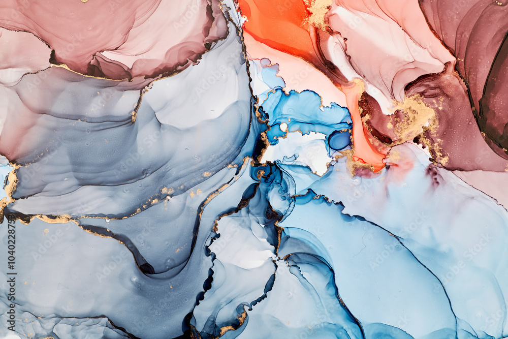 Fototapeta premium Soft waves of translucent color meet shimmering gold accents in abstract art, fluid shapes create a dynamic landscape. The liquid ink technique create depth and movement, both spontaneous and refined