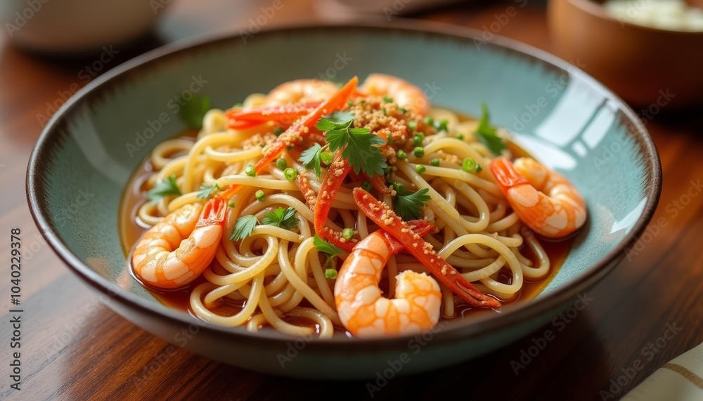 Delicious shrimp and noodle dish ready to be savored Delicious shrimp and noodle dish ready to be savored