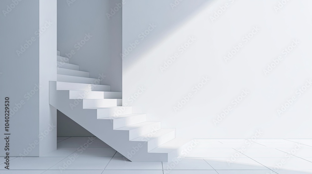 Minimalist white staircase with clean lines and an empty wall for text or branding Minimalist white staircase with clean lines and an empty wall for text or branding