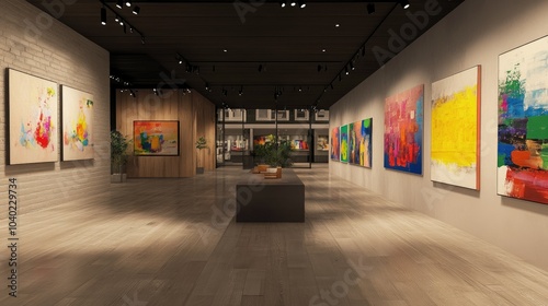 Modern art gallery with abstract paintings on the walls, offering space for text or branding © SETSU 21