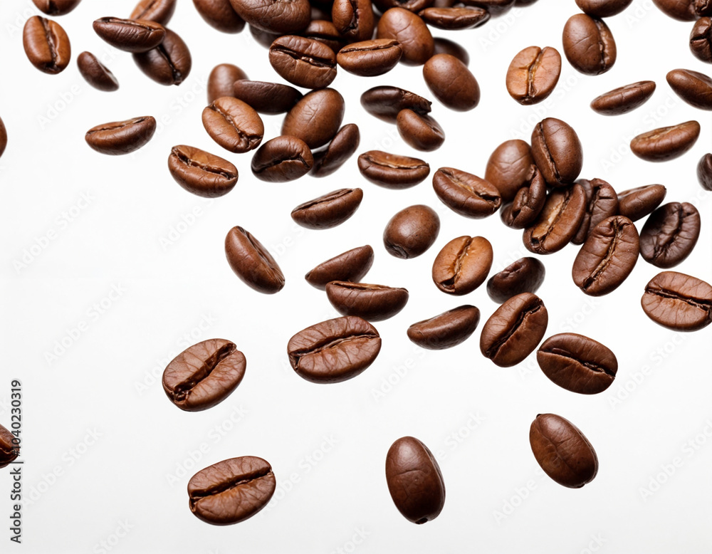 Coffee beans falling in the air isolated on a white background. Coffee beans flying.