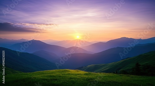 A serene sunset over rolling mountains, casting vibrant colors across the landscape, creating a peaceful and picturesque scene.