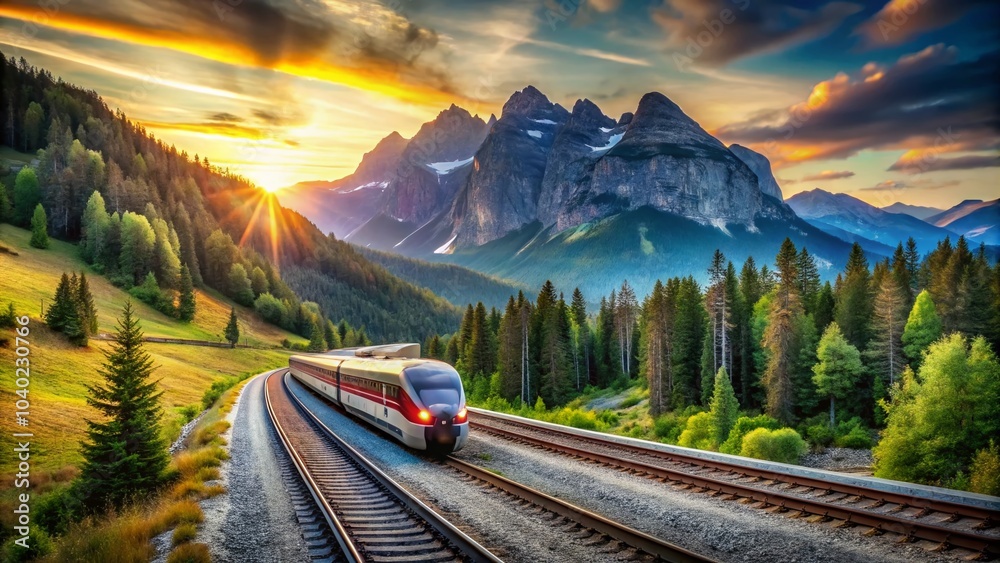 Fototapeta premium Scenic Train Journey Through Majestic Mountains and Lush Nature Landscape