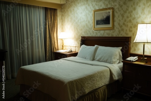 A standard hotel room with a bed and two table lamps