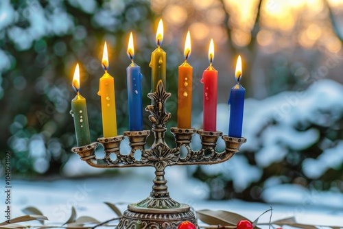 A traditional Hanukkah menorah with six lit candles, symbolizing the miracle of oil photo