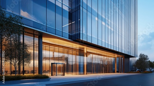 Modern office building exterior with sleek glass design, offering ample space for copy