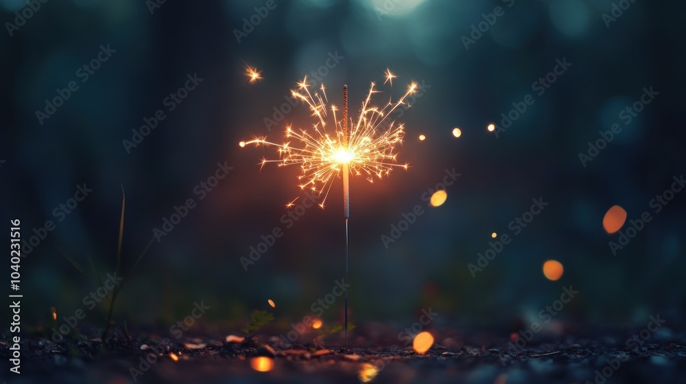 Fototapeta premium Sparkler on ground gleams in twilight setting