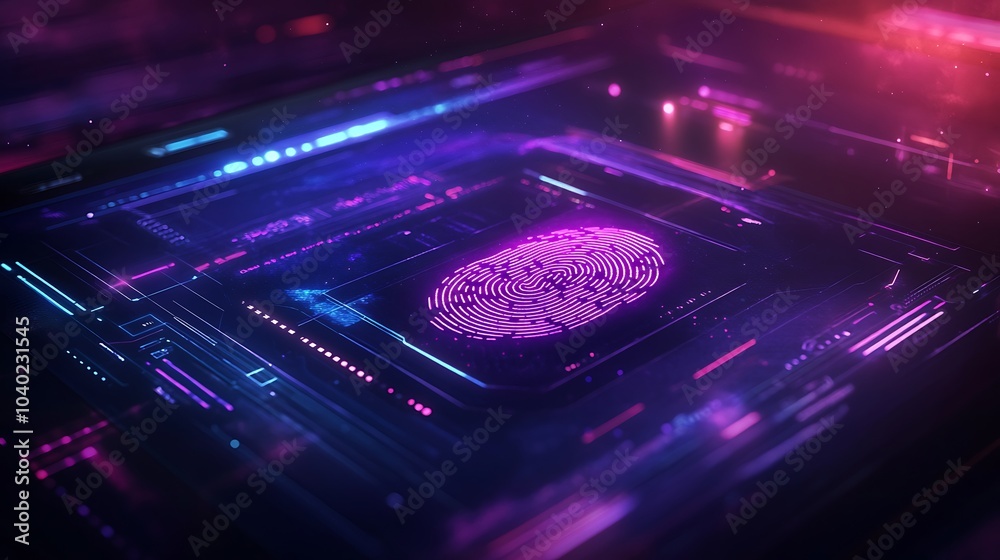 A digital touchscreen confirming a fingerprint signature, glowing biometric details and holographic signature appearing, neon blue and purple lighting, dark background with subtle reflections, A digital touchscreen confirming a fingerprint signature, glowing biometric details and holographic signature appearing, neon blue and purple lighting, dark background with subtle reflections,