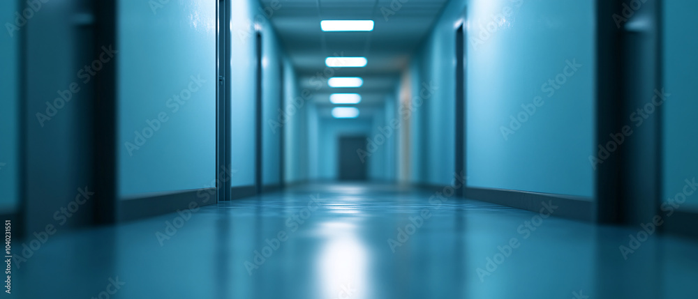 Fototapeta premium Empty Hallway with Blue Walls and Fluorescent Lights