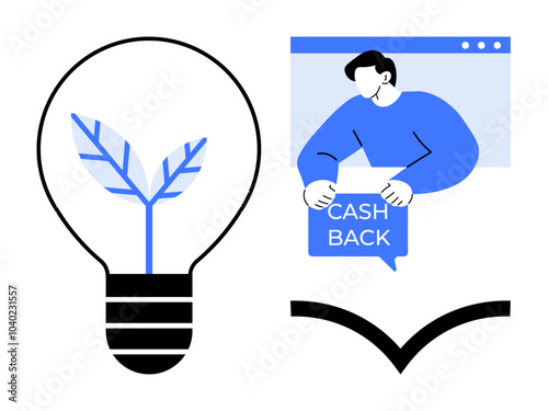 Person holding a sign with cashback text inside a window frame. A lightbulb with a leaf inside represents sustainability. Ideal for cashback offers, eco-friendly products, online promotions