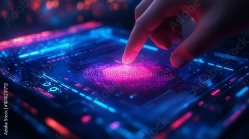 A digital touchscreen displaying a document being signed with a fingerprint, holographic data readouts and glowing biometric details, sleek modern design, dark background with neon accents,