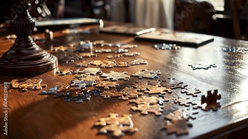 Scattered puzzle pieces on a wooden table in warm lighting