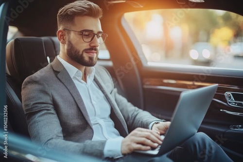 Person using laptop in vehicle interior