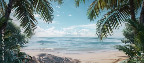 Fototapeta Naklejka Na Ścianę i Meble -  Sandy beach with palm trees framing a peaceful seascape creating a serene tropical copy space image