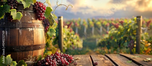 Fototapeta Naklejka Na Ścianę i Meble -  Rustic wine barrel adorned with grape vines in a scenic countryside vineyard Ideal for displaying food drinks or products with available copy space image