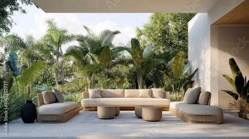 Modern outdoor terrace with minimalist furniture and space for copy or branding