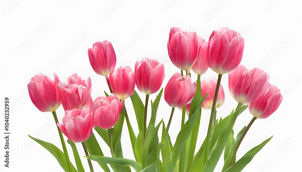 Fototapeta premium Cluster of Pink Tulips with Varying Heights on White Background
