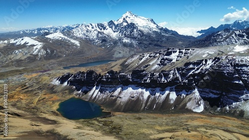 Aerial shot of mountains around Chacaltaya mountain and Huayna Potosi mountain, in Bolivia