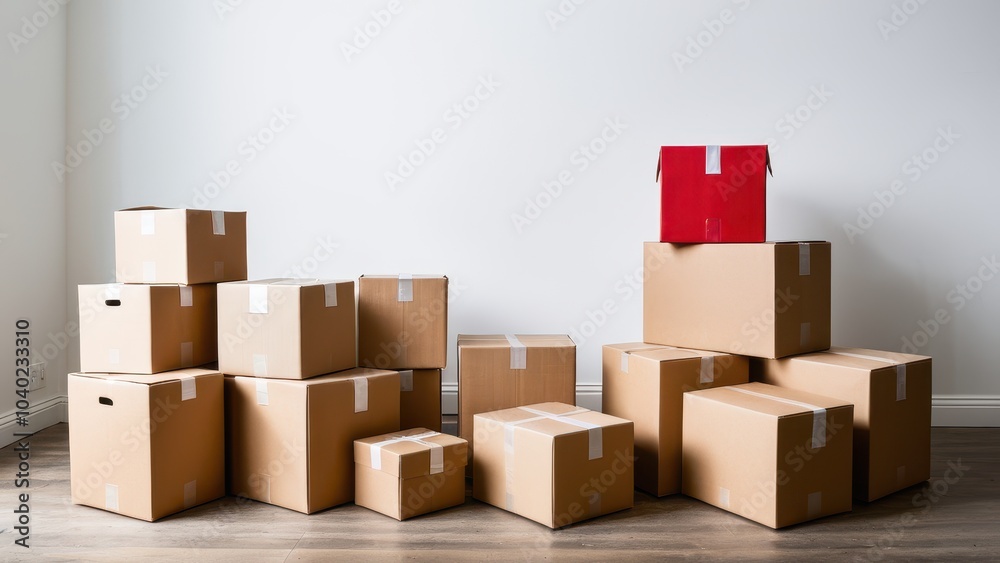 A group of stacked cardboard boxes with one standout red box on top, placed on a wooden floor against a plain white wall, organized and ready. A group of stacked cardboard boxes with one standout red box on top, placed on a wooden floor against a plain white wall, organized and ready.