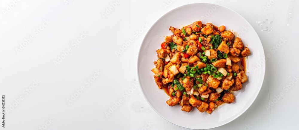 Top view of Tempeh Goreng on white plate against white background with copy space image available A traditional Indonesian dish crafted from fermented soybeans Flat lay presentation with clipping path Top view of Tempeh Goreng on white plate against white background with copy space image available A traditional Indonesian dish crafted from fermented soybeans Flat lay presentation with clipping path